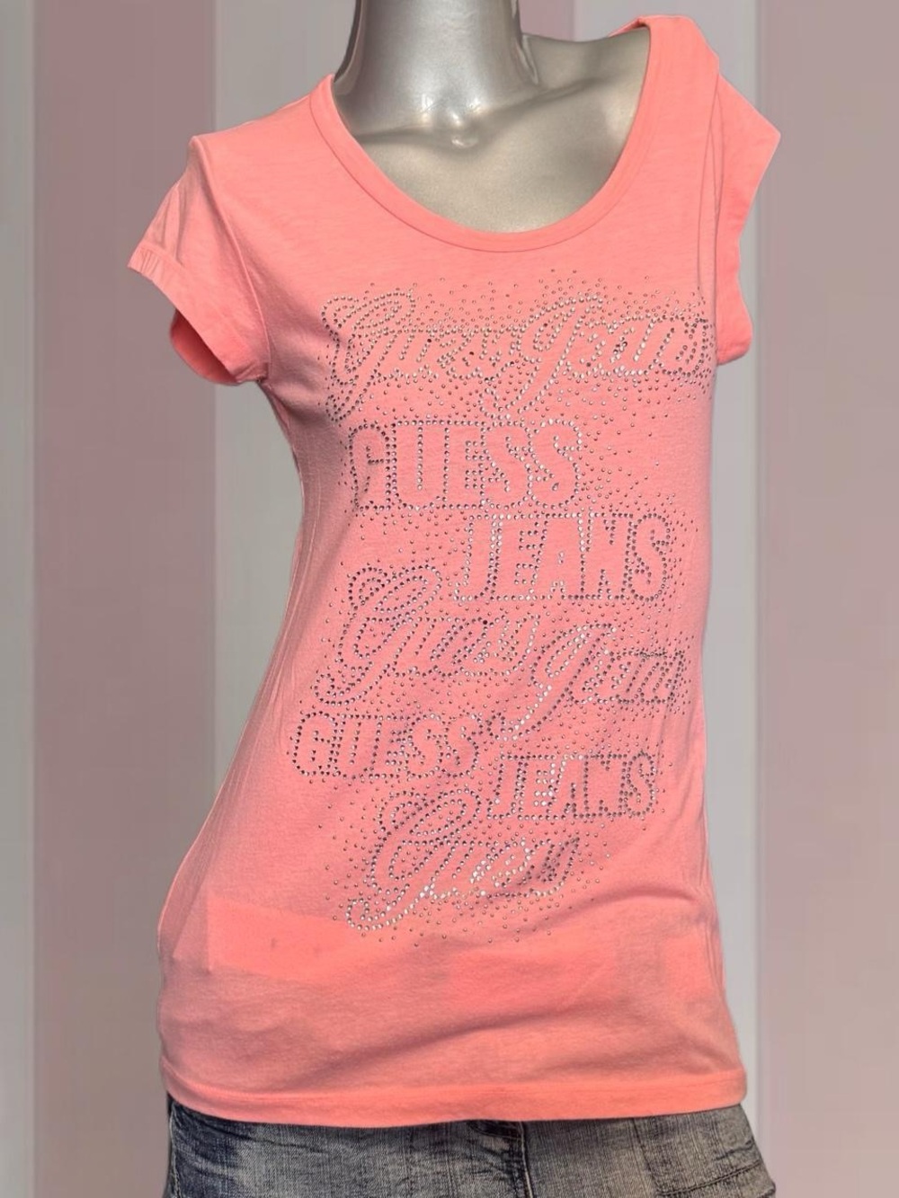 Guess Y2K Bedazzled Baby Tee -Coral